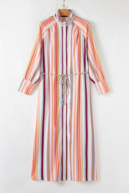 Multicolour Striped Cuffed Sleeve Tassel Tied Shirt Maxi Dress | White