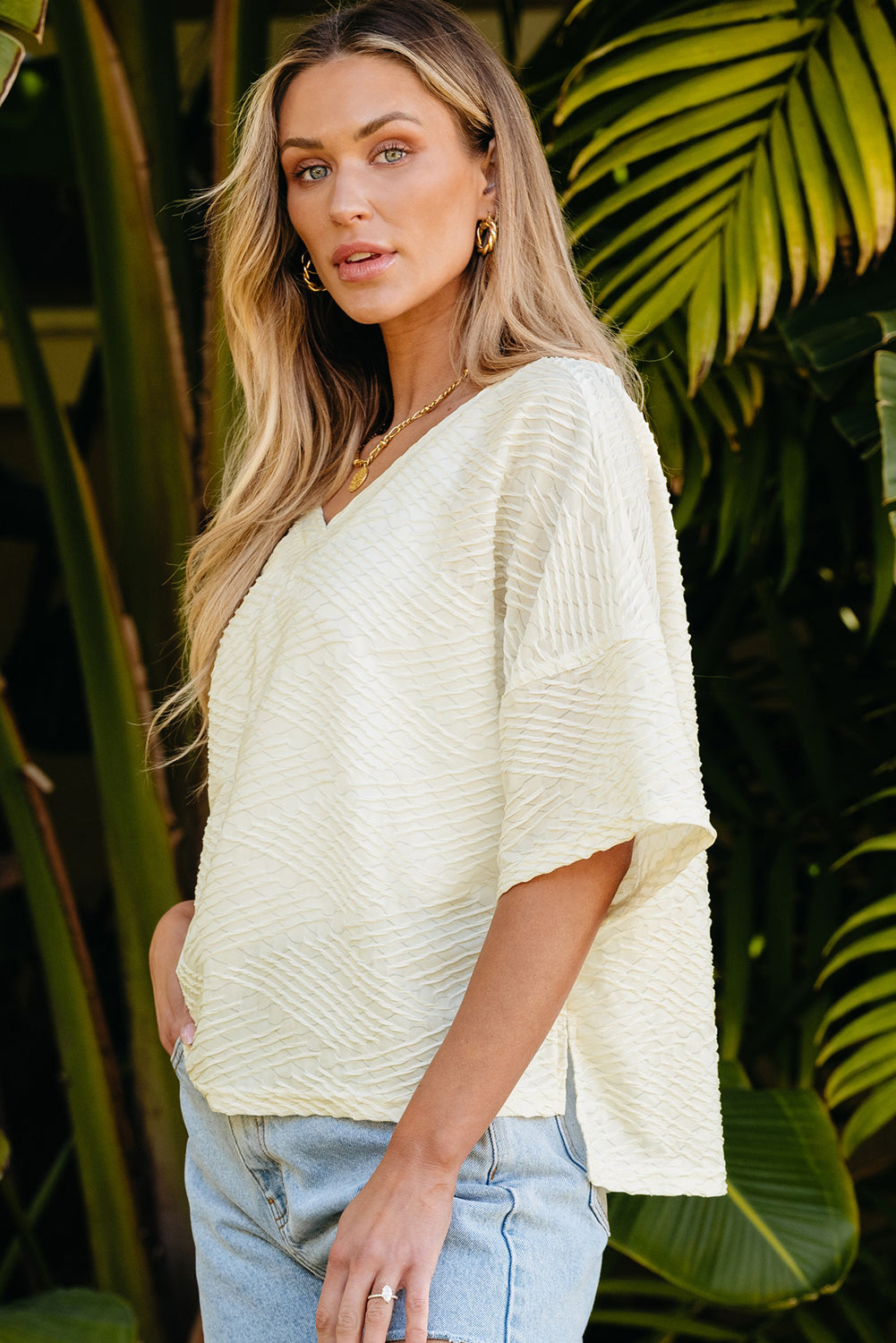 V Neck Textured Split Hem Oversized Top | Beige