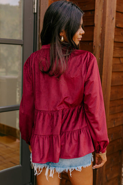 Corduroy Ruffle Tiered Buttoned O Neck Shirt | Burgundy