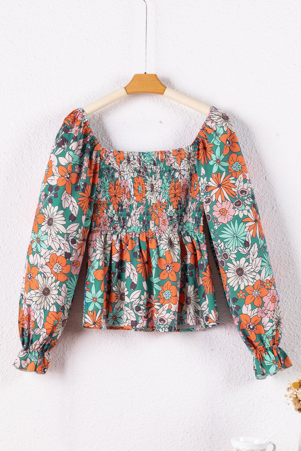 Floral Print Smocked Puff Sleeve Peplum Blouse | Printed