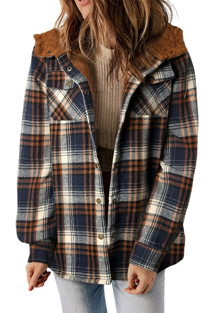 Plaid Pattern Sherpa Lined Hooded Shacket | Blue