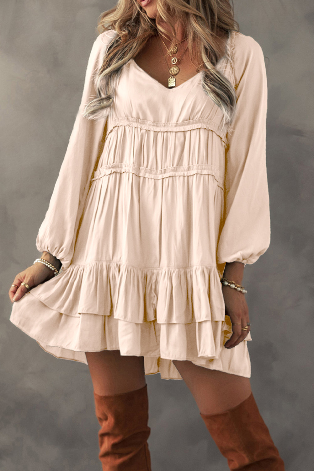 Tiered Ruffled Puff Sleeve Loose Fit Mini Dress | Apricot