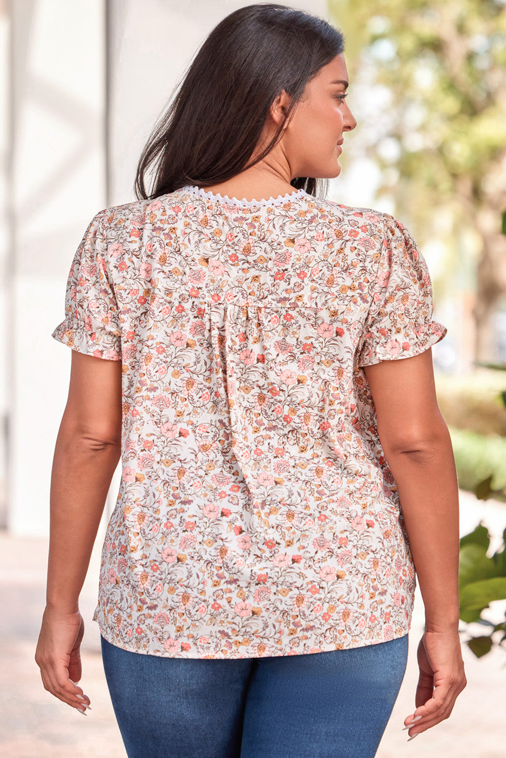 Split Neck Floral Print Plus Size Top | Pink