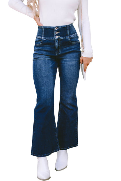 Buttons Elastic Wide Waistband Back Flare Jeans | Blue