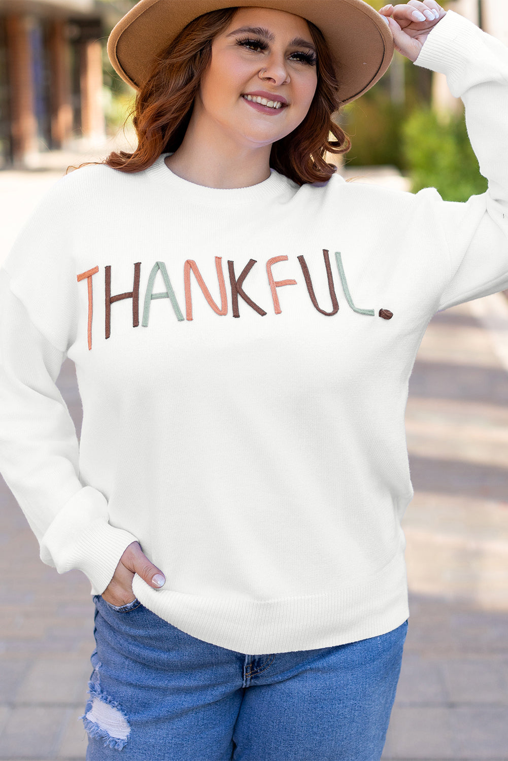 Plus Size Thankful Ivory Embroidered Sweater | White