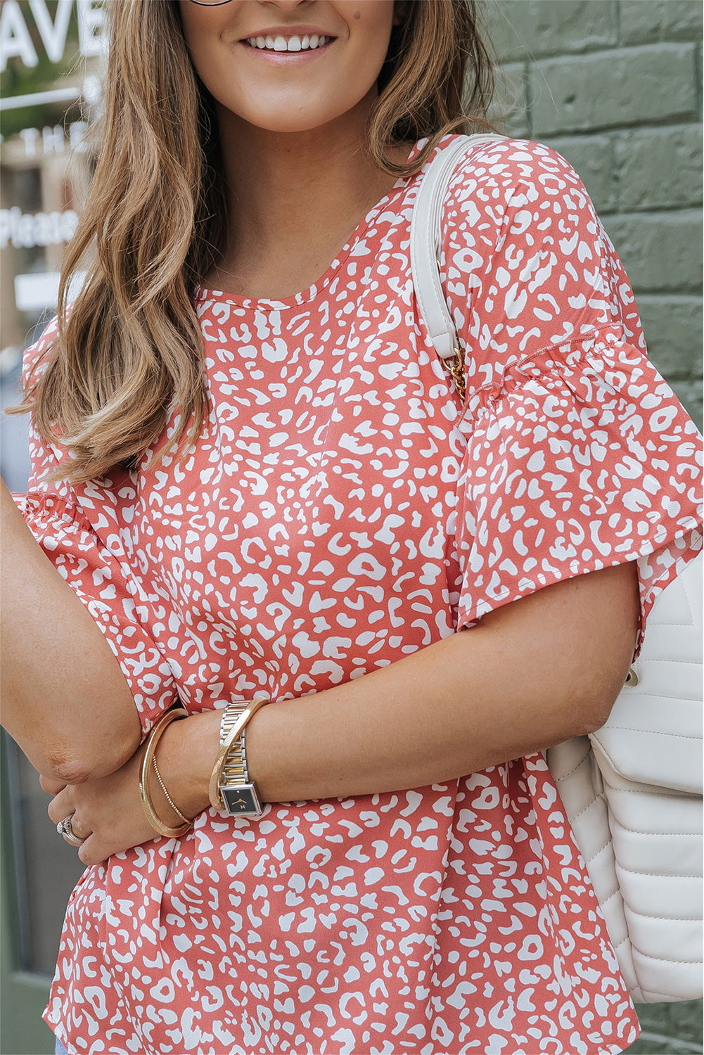 Leopard Spotted Ruffle Sleeve T-Shirt | Pink