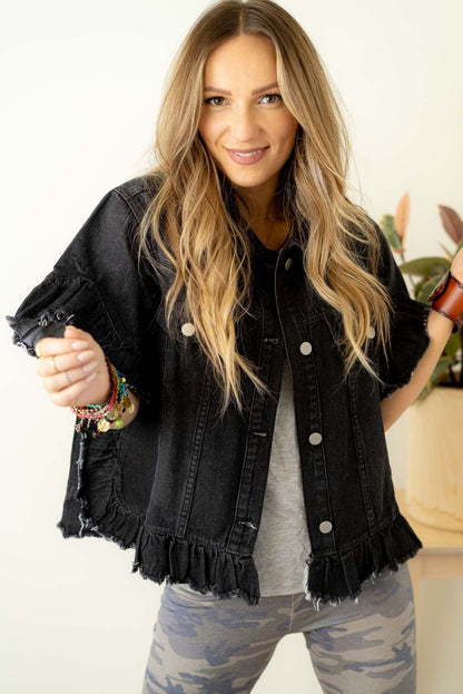 Raw Edge Ruffled Short Sleeve Denim Jacket | Black