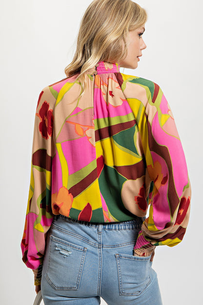 Floral Print Smocked Hem Stand Neck Blouse | Multicolour