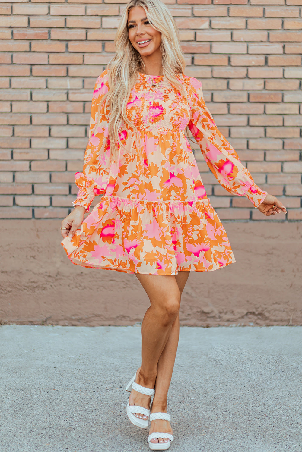 Abstract Print Smocked Lantern Sleeve Ruffle Mini Dress | Orange