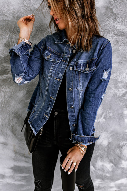 Lapel Distressed Raw Hem Buttons Denim Jacket | Blue