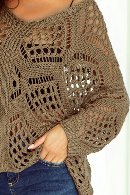 Hollowed Knit V Neck Dolman Sleeve Sweater | Khaki