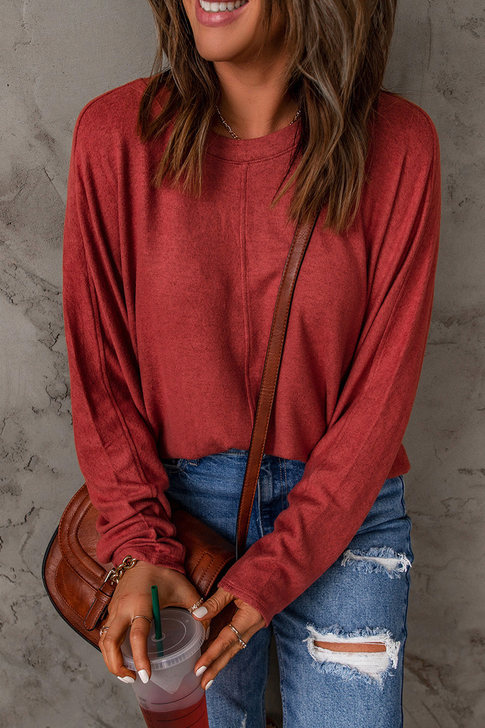 Fiery  Solid Colour Patchwork Long Sleeve Top | Red