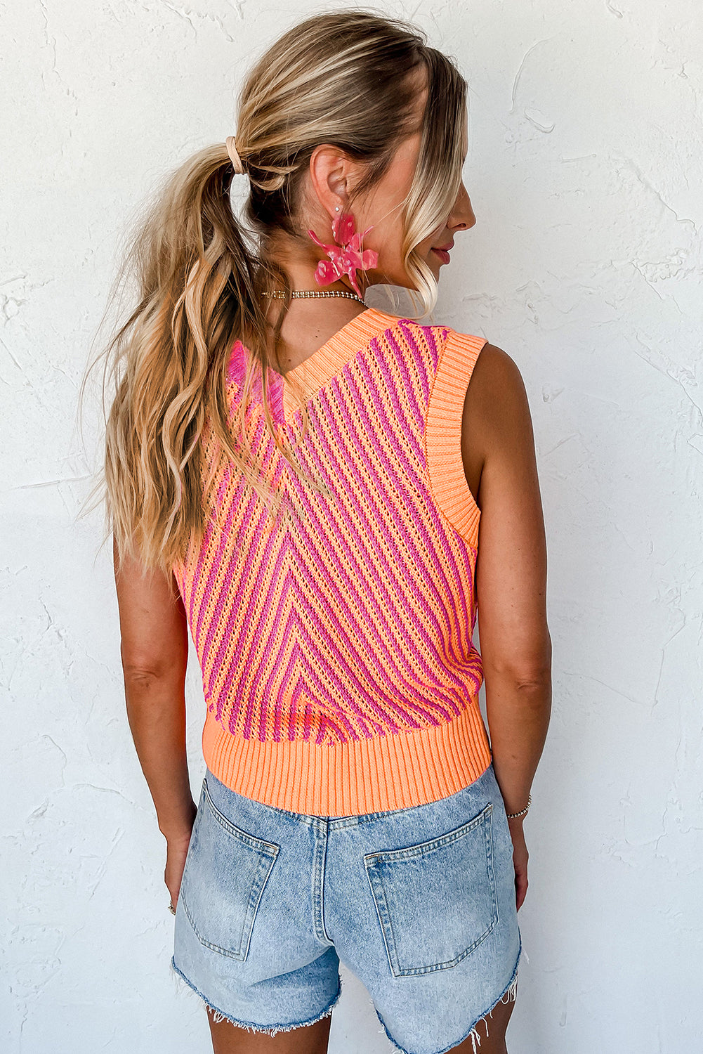 Contrast Chevron Knit V Neck Sweater Vest | Strawberry Pink