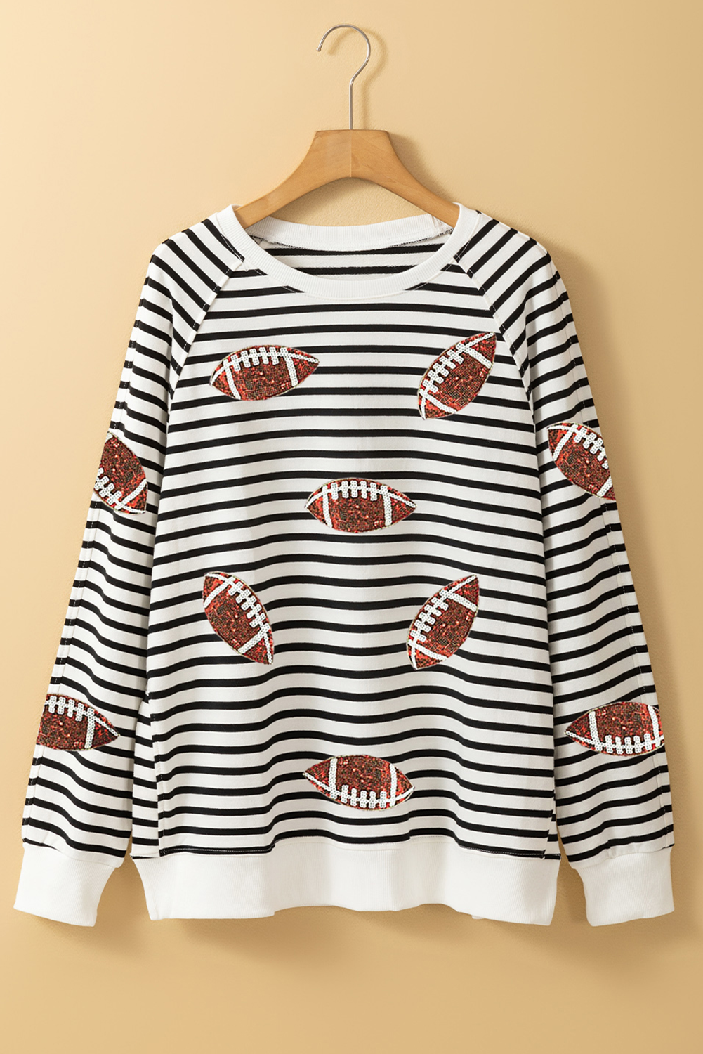 Sequin Rugby Football Side Slits Oversized Sweatshirt | Black Stripe