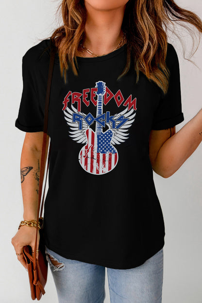 American Flag Guitar Print Crew Neck Tee | Black