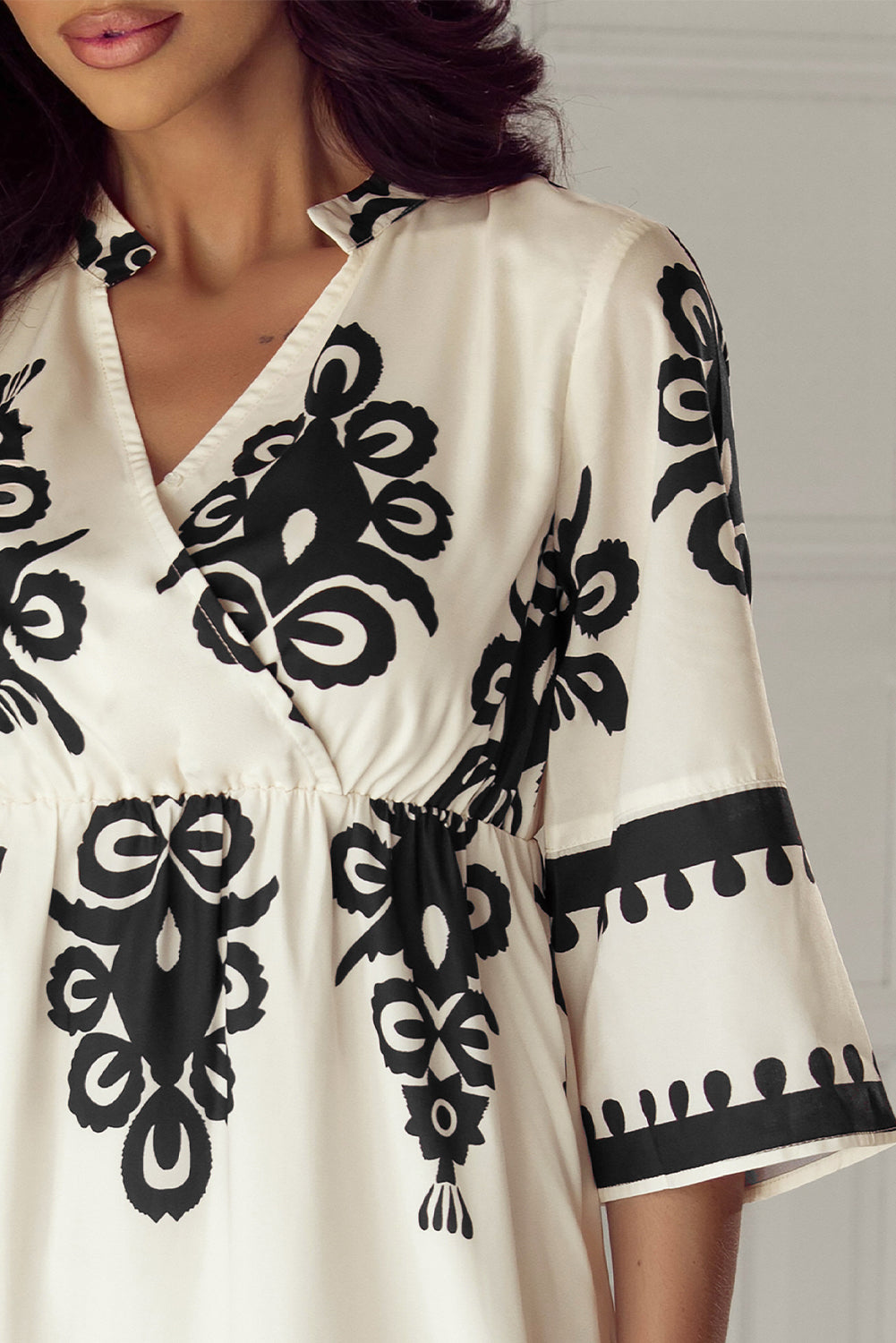 Western Geometric Print 3/4 Sleeve Loose Midi Dress | Beige