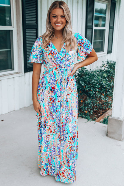 Wrap V Neck Floral Maxi Dress | Green