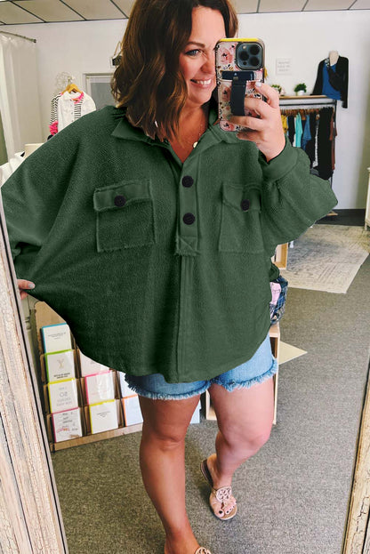 Plus Size Long Sleeve Flap Pocket Henley Top | Blackish Green