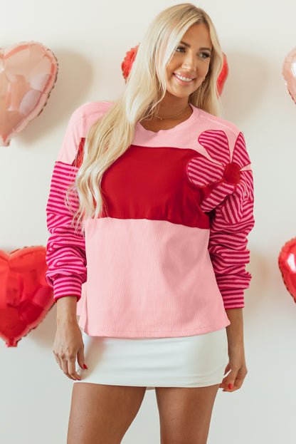 Floral Patch Colour Block Striped Sleeve Textured Top | Pink