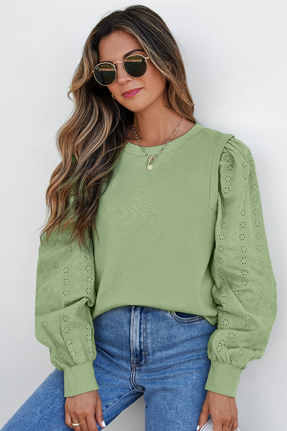 Solid Patchwork Sleeve Round Neck Sweatshirt | Mist Green