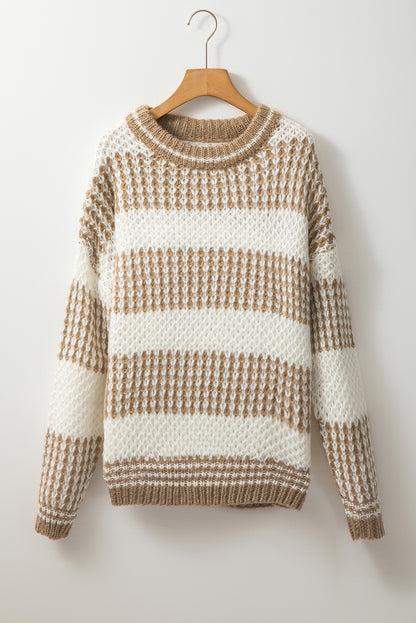 Drop Shoulder Round Neck Loose Sweater | Brown Stripe