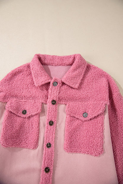 Colourblock Buttoned Flap Pocket Sherpa Shacket | Pink