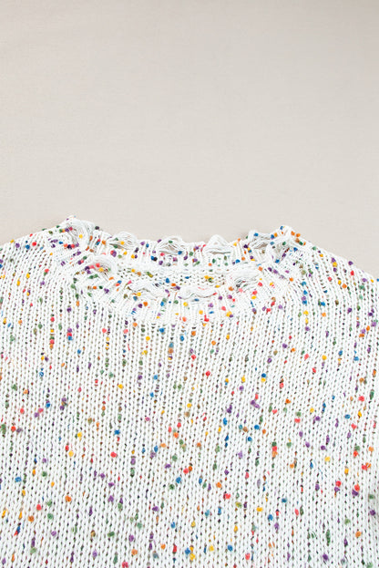 Colourful Confetti Distressed Knit Sweater | White