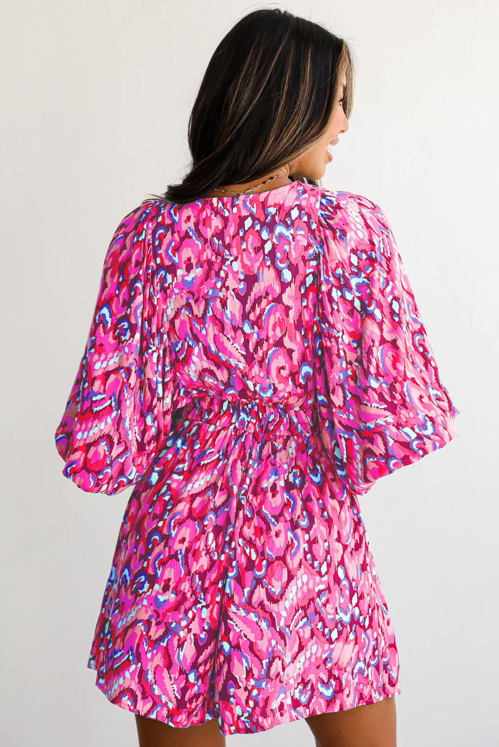 Abstract Print Puff Sleeve V Neck High Waist Romper | Pink