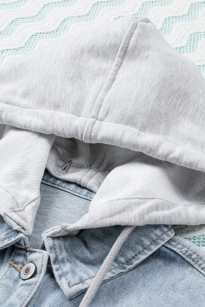 Button Closure Ripped Hooded Denim Jacket | Sky Blue