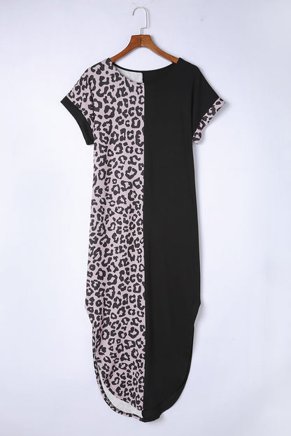 Contrast Solid Leopard Short Sleeve T-Shirt Dress With Slits | Black