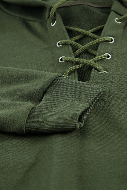 Casual Solid Colour Lace-Up Hoodie | Green