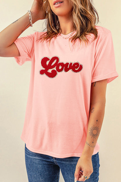 Chenille Love Patched Pattern Round Neck Valentines T Shirt | Pink