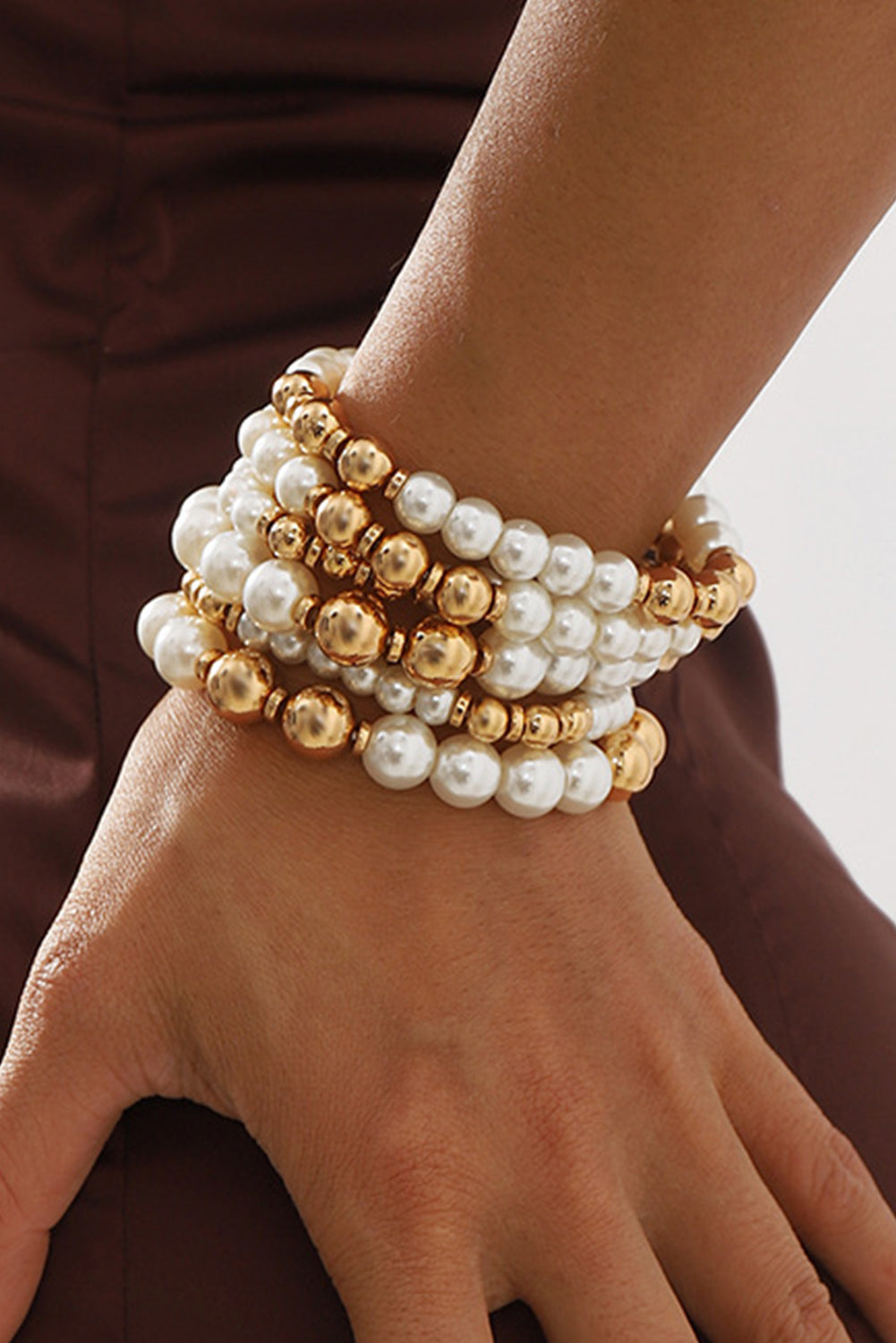 5Pcs Pearl Plated Beaded Bracelet Set | White