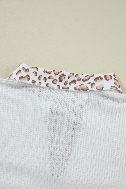 Leopard Patchwork Turn-Down Collar Waffle Top | White