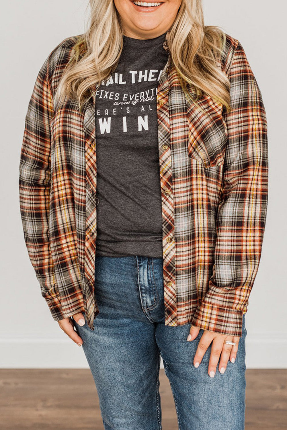 Plaid Print Button Long Sleeve Plus Size Shirt Coat | Apricot