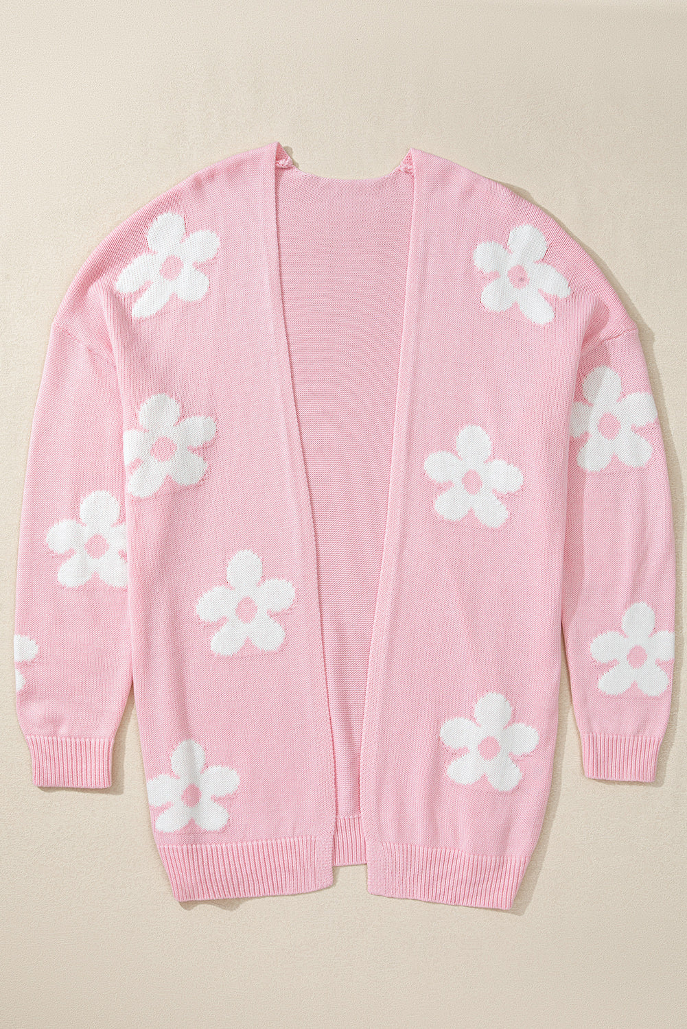 Floral Print Knitted Open Front Loose Cardigan | Pink