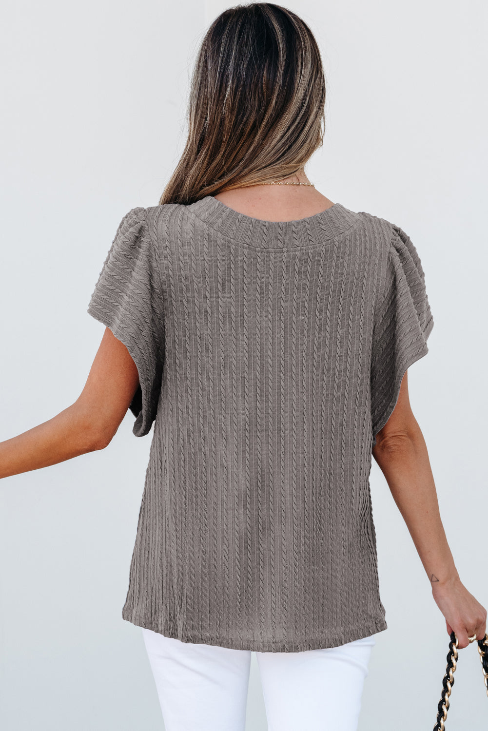 Solid Colour Textured Flutter Sleeve Top | Sleet