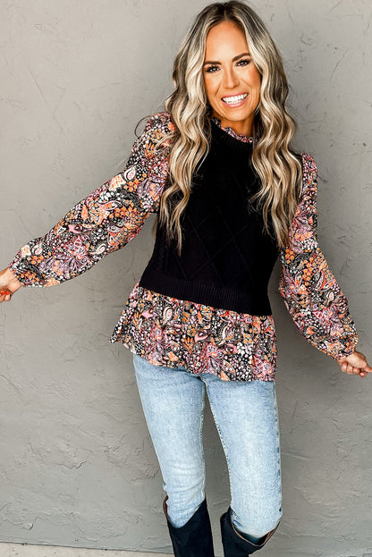 Contrast Floral Sleeve Peplum Sweater | Black