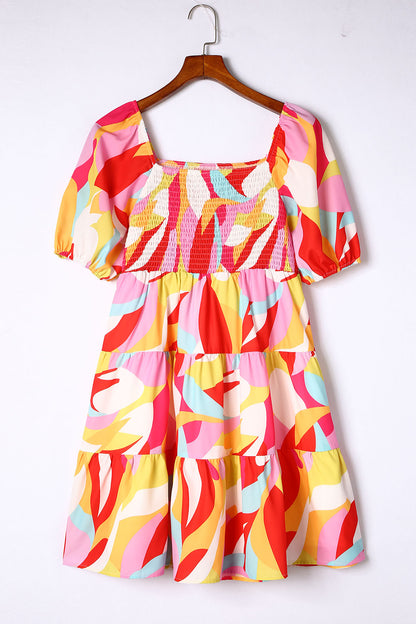 Geometric Print Smocked Babydoll Mini Dress | Multicolour