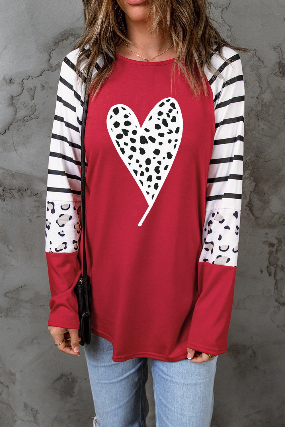 Fiery  Valentines Leopard Heart Print Colour Block Long Sleeve Top | Red