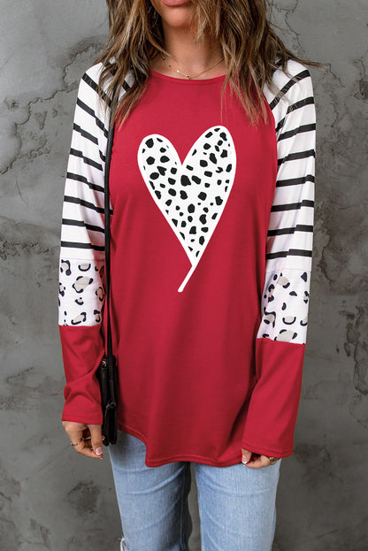 Fiery  Valentines Leopard Heart Print Colour Block Long Sleeve Top | Red