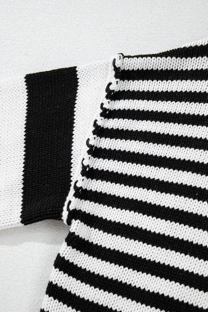 Black White Striped Drop Shoulder Bishop Sleeve Knit Sweater | Black white