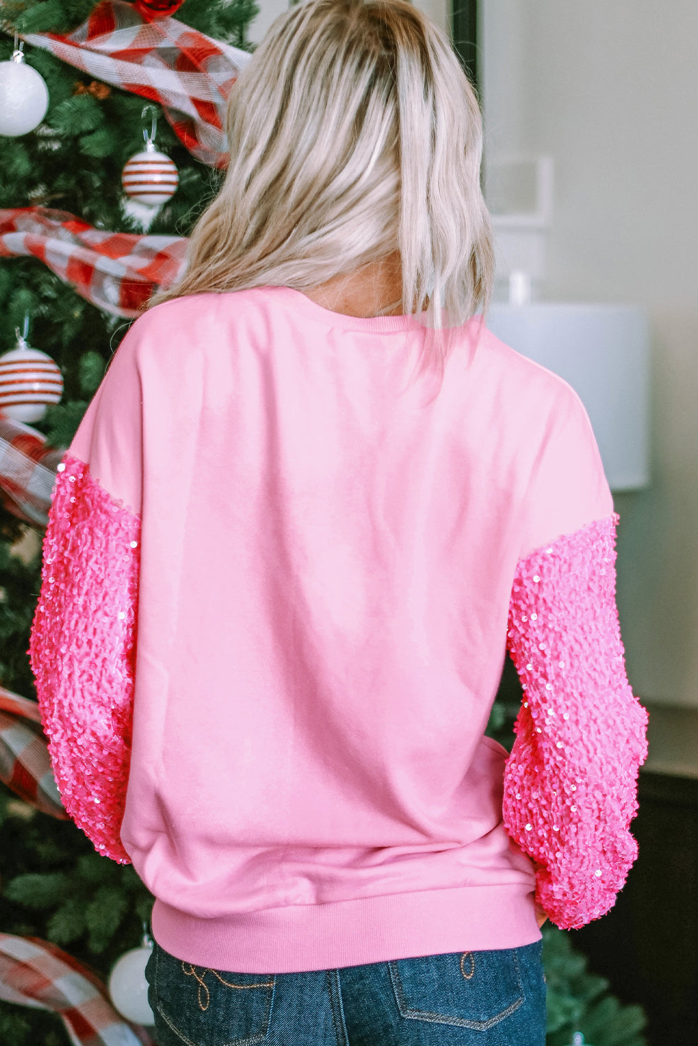 Shiny Heart Shape Love Print Sequined Sleeve Sweatshirt | Pink