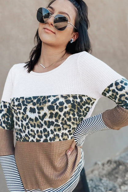 Stripes Leopard Splicing Colourblock Long Sleeve Top | Brown