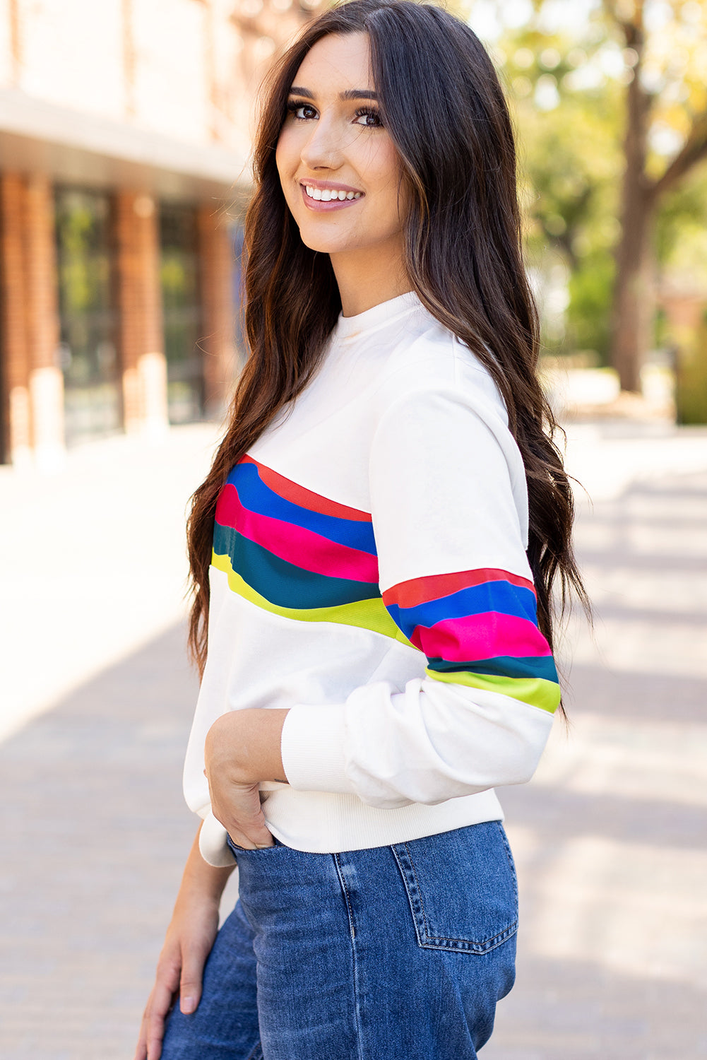 Colourful Striped Accent Long Sleeve T Shirt | White