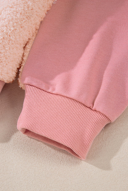 Exposed Seam Fuzzy Patchwork Zip Neck Sweatshirt | Pink