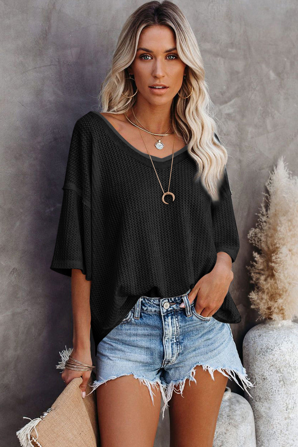 Waffle Knit Drop Shoulder Loose Top | Black