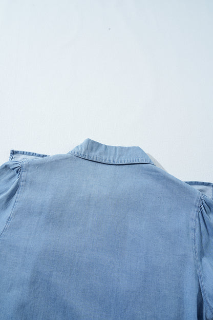 Ruffled Shirred Cuffs Button Up Chambray Shirt | Myosotis