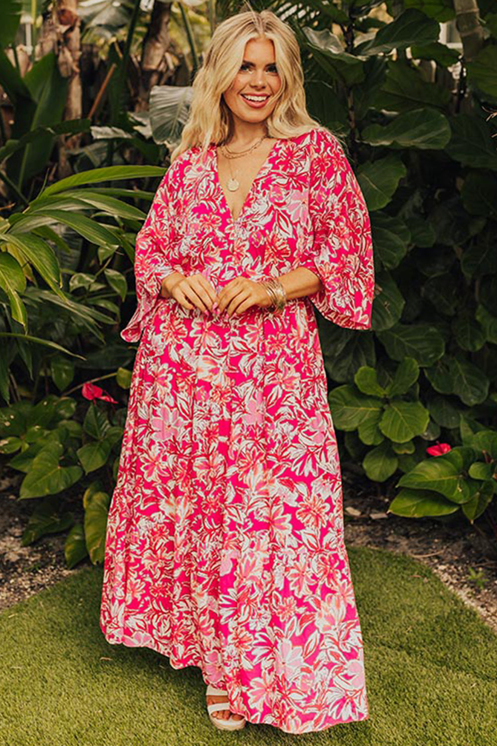 Plus Size Floral V Neck Wide Sleeve Maxi Dress | Rose