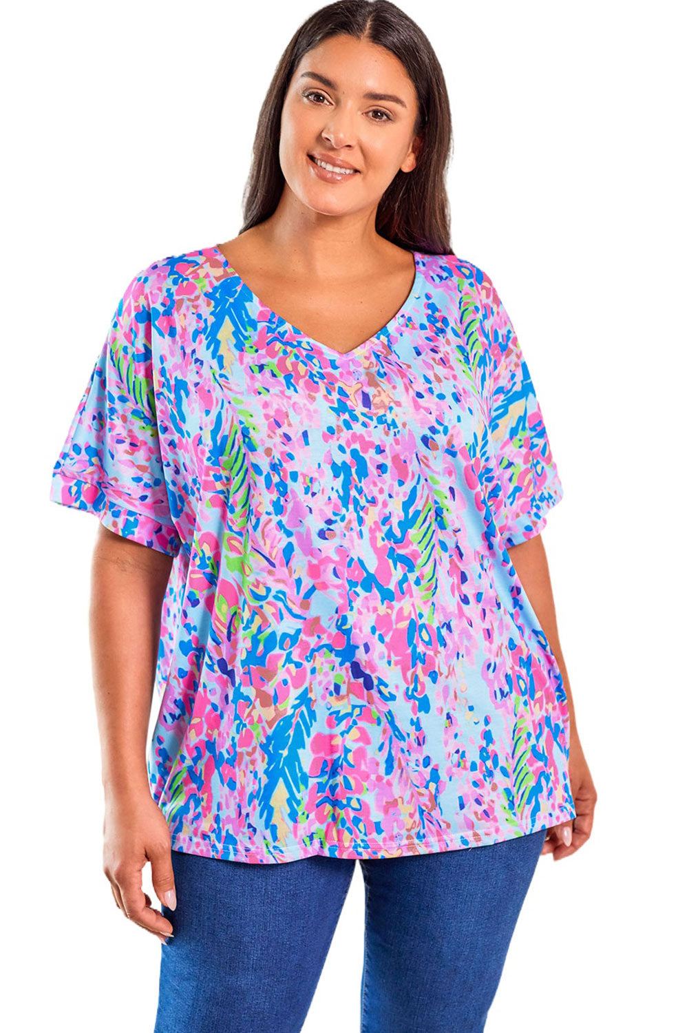 Plus Size Plant Print V Neck T-Shirt | Sky Blue